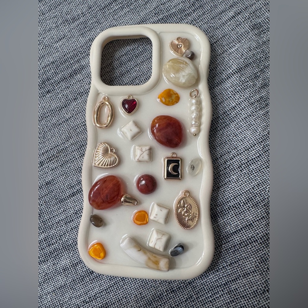 Embellished Cream Phone Case with Mixed Charms
